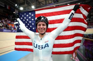 PARIS FRANCE AUGUST 11 Gold medalist Jennifer Valente of Team United States celebrates after the Womens Omnium Points Race 44 on day sixteen of the Olympic Games Paris 2024 at SaintQuentinenYvelines Velodrome on August 11 2024 in Paris France Photo by Jared C TiltonGetty Images