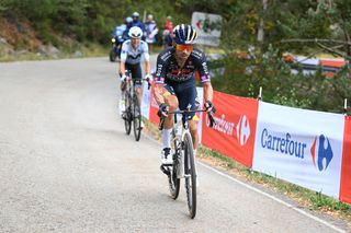 PUERTO DE ANCARES SPAIN AUGUST 30 LR Enric Mas of Spain and Team Movistar and Primoz Roglic of Slovenia and Team Red Bull Bora hansgrohe compete during the La Vuelta 79th Tour of Spain 2024 Stage 13 a 176km stage from Lugo to Puerto de Ancares 1659m UCIWT on August 30 2024 in Puerto de Ancares Spain Photo by Dario BelingheriGetty Images