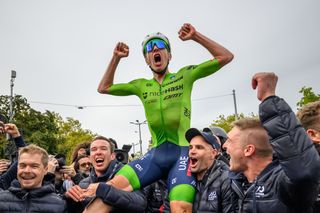 Tadej Pogačar celebrates world title victory with his teammates in Zurich