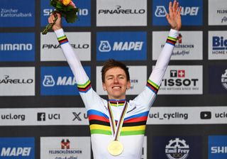 ZURICH SWITZERLAND SEPTEMBER 29 Gold medalist Tadej Pogacar of Team Slovenia poses on the podium during the 97th UCI Cycling World Championships Zurich 2024 Mens Elite Road Race a 2739km one day race from Winterthur to Zurich on September 29 2024 in Zurich Switzerland Photo by Tim de WaeleGetty Images