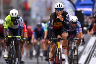 Arnaud de Lie of Belgium celebrates at finish line as race winner during the 37th Binche Chimay Binche Memorial Frank Vandenbroucke 2024