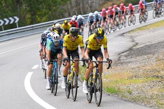 VILLABLINO SPAIN AUGUST 31 LR Victor Lafay of France and Team Decathlon AG2R La Mondiale Edoardo Affini of Italy and Robert Gesink of The Netherlands and Team Visma Lease a Bike lead the peloton during the La Vuelta 79th Tour of Spain 2024 Stage 14 a 2005km stage from Villafranco del Bierzo to Villablino UCIWT on August 31 2024 in Villablino Spain Photo by Tim de WaeleGetty Images