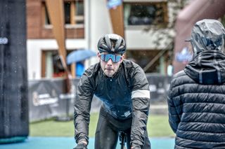 Josh Croxton crosses the finish line of Chasing Cancellara Zurich Zermatt