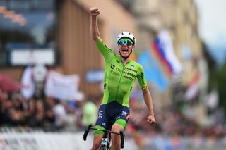 ZURICH SWITZERLAND SEPTEMBER 29 Tadej Pogacar of Team Slovenia celebrates at finish line as gold medal winner during the 97th UCI Cycling World Championships Zurich 2024 Mens Elite Road Race a 2739km one day race from Winterthur to Zurich on September 29 2024 in Zurich Switzerland Photo by Tim de WaeleGetty Images