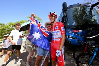 ARCHIDONA SPAIN AUGUST 23 Ben OConnor of Australia and Team Decathlon AG2R La Mondiale Red Leader Jersey poses for a photograph prior to the La Vuelta 79th Tour of Spain 2024 Stage 7 a 1805km stage from Archidona to Cordoba UCIWT on August 23 2024 in Archidona Spain Photo by Tim de WaeleGetty Images