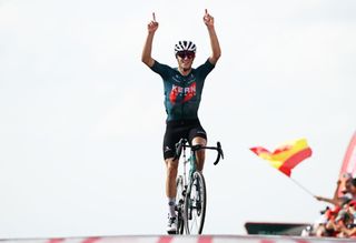 ESTACION DE MONTANA DE MANZANEDA OURENSE SPAIN AUGUST 29 Pablo Castrillo of Spain and Team Equipo Kern Pharma celebrates at finish line as stage winner and dedicates his victory to Manolo Azcona who passed away today during the La Vuelta 79th Tour of Spain 2024 Day 12 a 1375km stage from Ourense Termal to Estacion de Montana de Manzaneda 1491m UCIWT on August 29 2024 in Estacion de Montana de Manzaneda Spain Photo by Dario BelingheriGetty Images