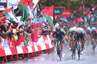 SANTANDER SPAIN SEPTEMBER 04 LR Stage winner Kaden Groves of Australia and Team Alpecin Deceuninck Green Points Jersey and Pavel Bittner of Czech Republic and Team dsmFirmenich PostNL sprint at finish line during the La Vuelta 79th Tour of Spain 2024 Stage 17 a 1415km stage Arnuero to Santander UCIWT on September 04 2024 in Santander Spain Photo by Tim de WaeleGetty Images